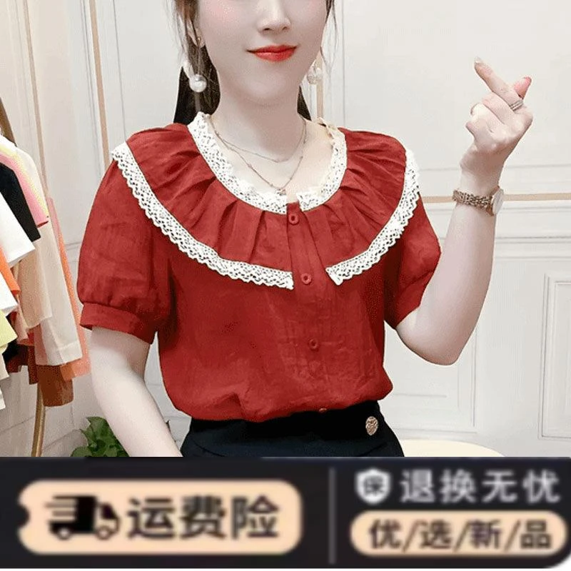 2024夏季新款时尚法式娃娃领小衫女气质显瘦百搭韩版短袖衬衫上衣