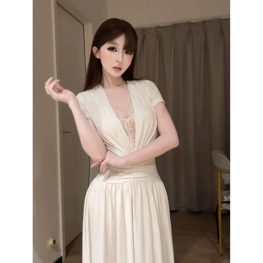 小洋家【白缕萦香】夏季新款显瘦遮肉收腰大裙摆V领短袖连衣裙L