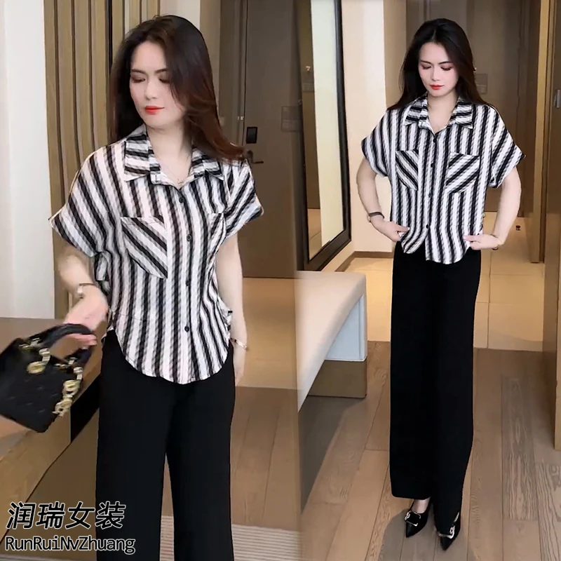 网红夏季洋气女装POLO领薄款复古港风小衫韩版条纹短袖时尚衬衫潮