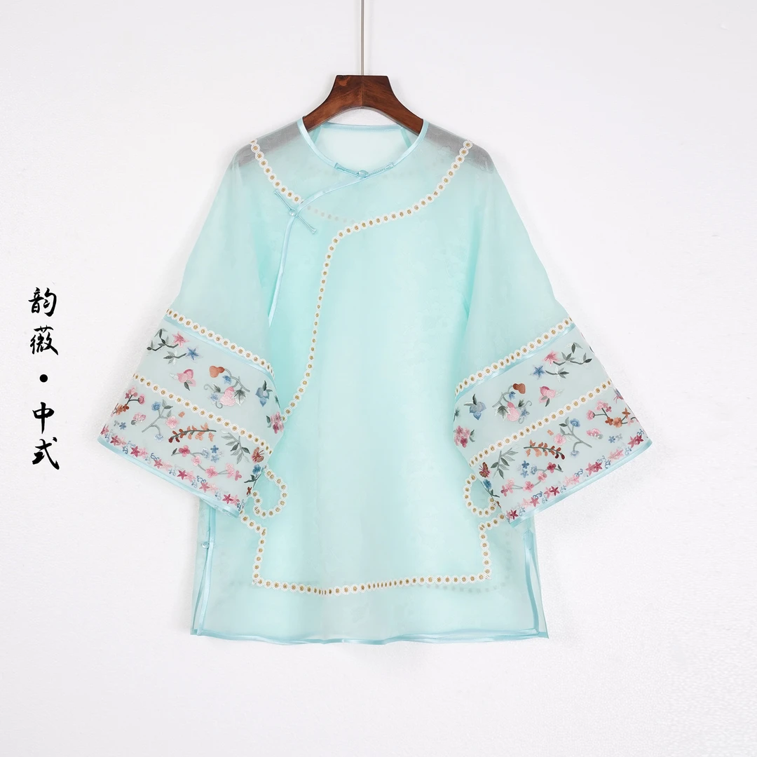 春夏款女士上衣桑蚕丝中国风传统国风刺绣斜襟纱衣