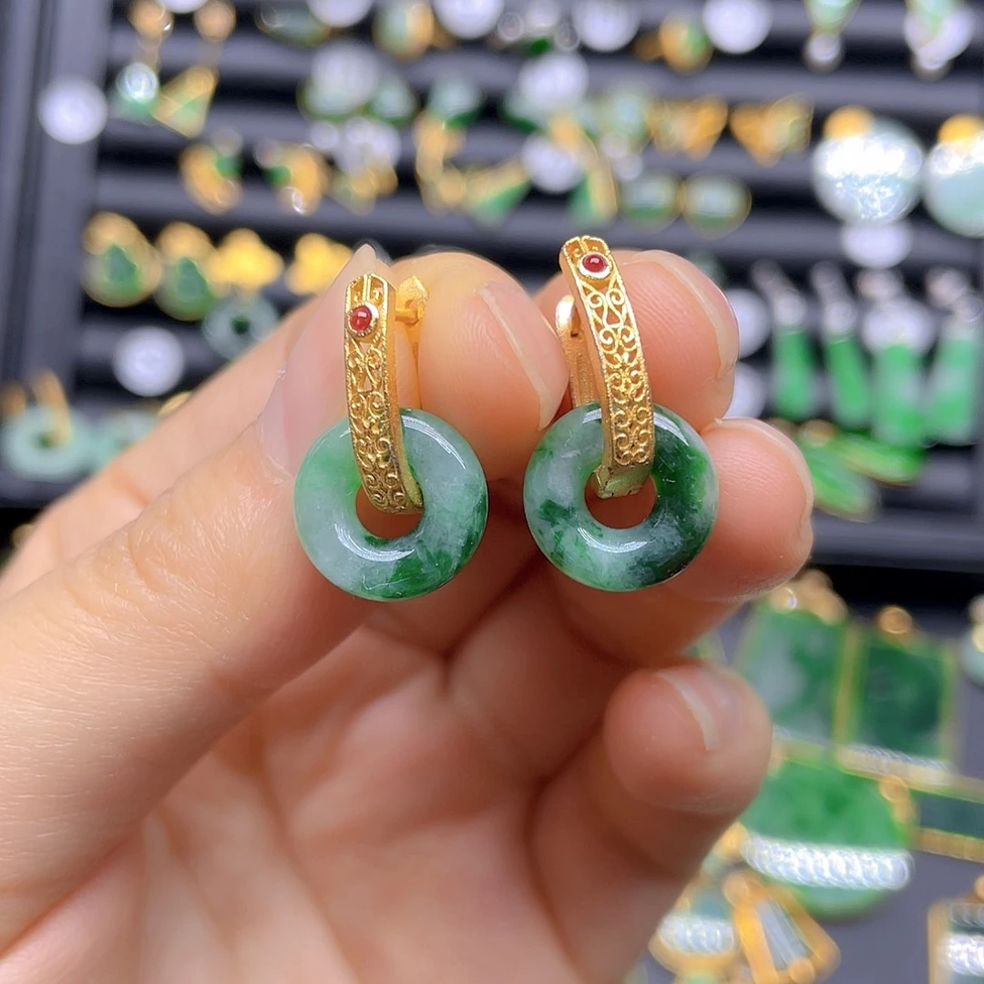 翡翠银S925镀金镶嵌耳饰天然翡翠