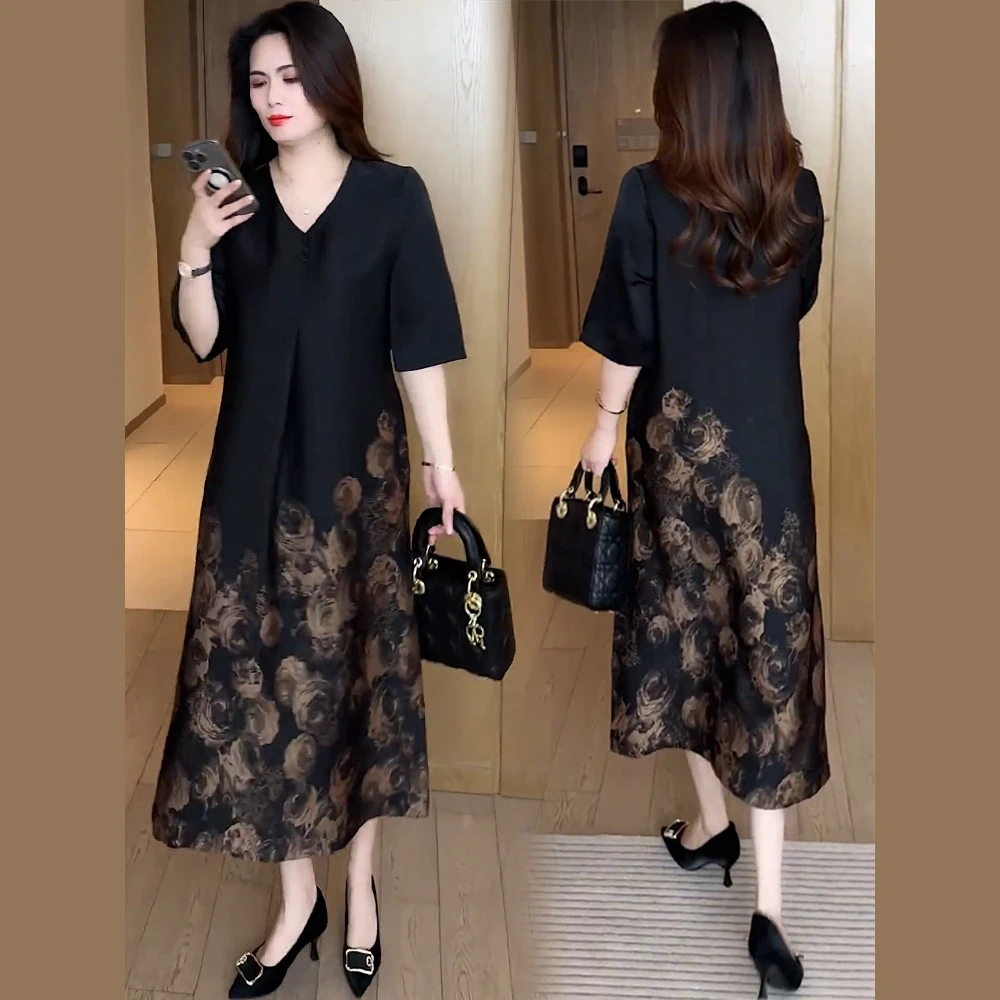 时尚气质连衣裙中长款女设计感夏季新款减龄宽松显瘦领过膝长裙子