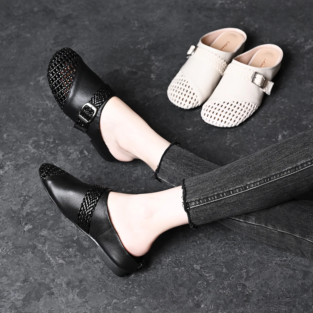 头层牛皮编织镂空外穿拖鞋女2025夏季新款真皮包头百搭一脚蹬半拖