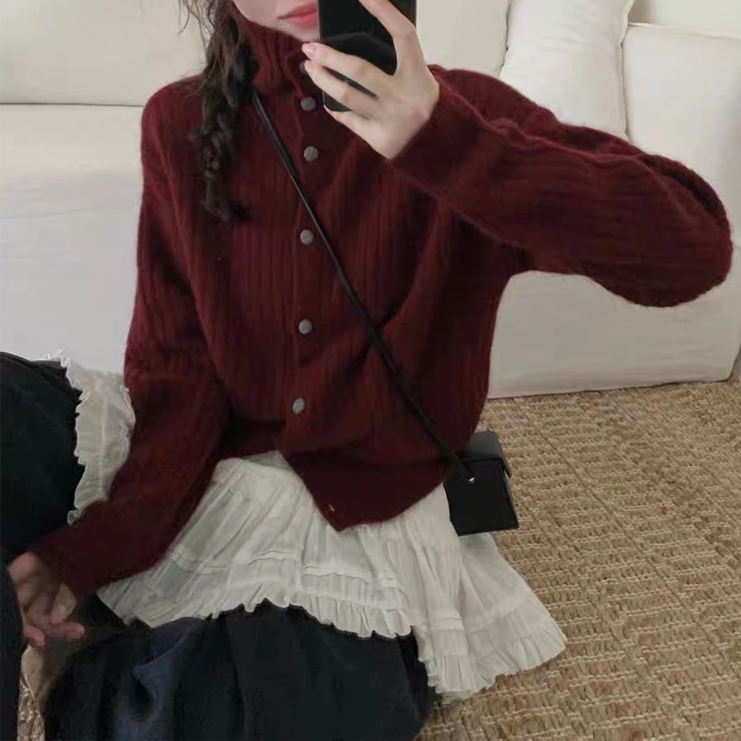 【高领纽扣开衫】高领纽扣宽松纯色针织开衫女毛衣外套 UM-U93142