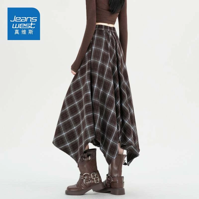 真维斯美拉德咖色格子半身裙女秋季不规则高腰显瘦a字大摆伞裙子