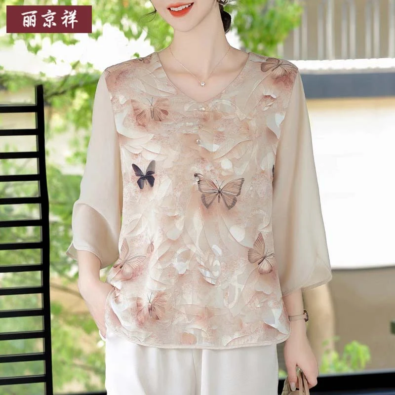 中年妈妈夏装时尚雪纺小衫套装中老年女夏季洋气上衣服母亲节礼物