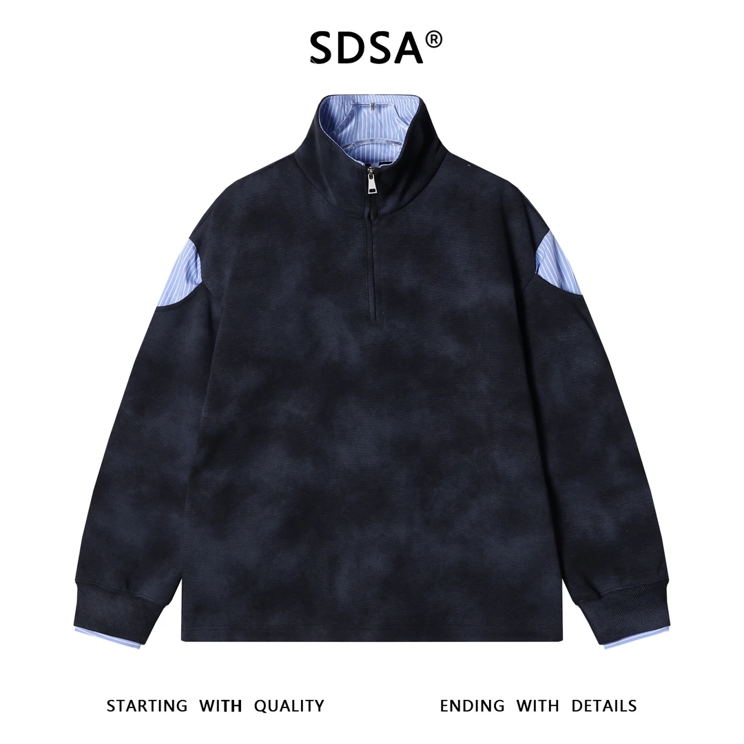 SDSA男士秋冬新款痞帅男装韩版条纹拼接扎染半拉链立领卫衣百搭