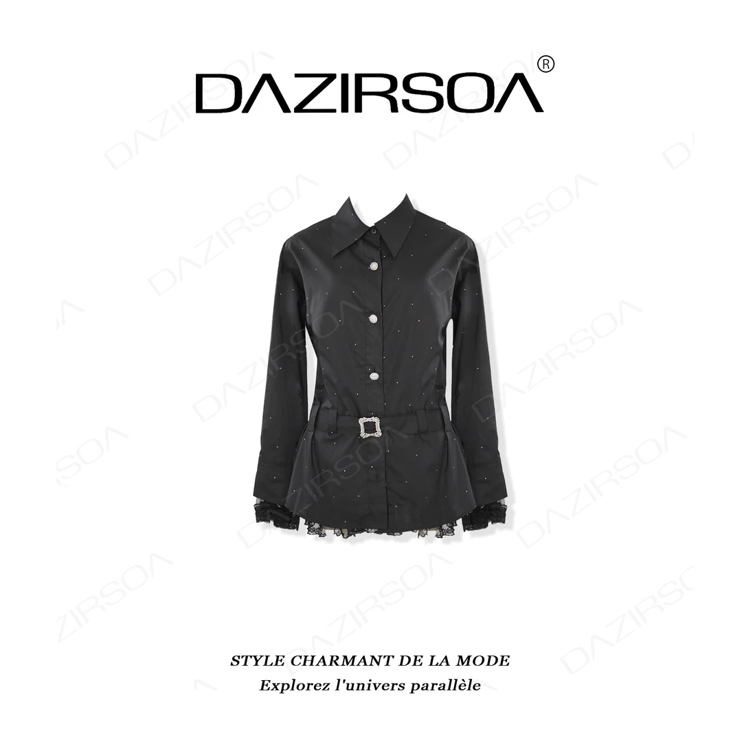 DAZIRSOA/达姿“耀黑女王”时尚百搭拼接蕾丝烫钻小众衬衫 X737