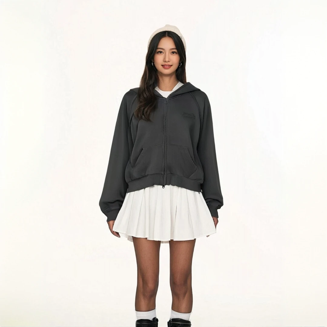 开衫款双头拉链加薄绒纯色宽松秋季连帽短款卫衣外套25080641