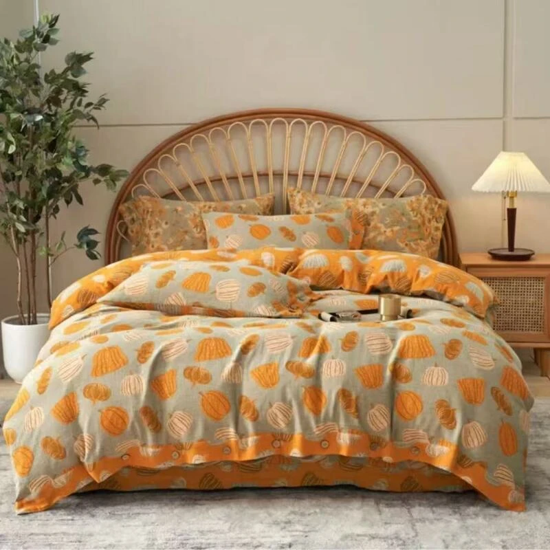 轻奢复古印花亲肤棉双层纱四件套--福贵南瓜（纽扣）