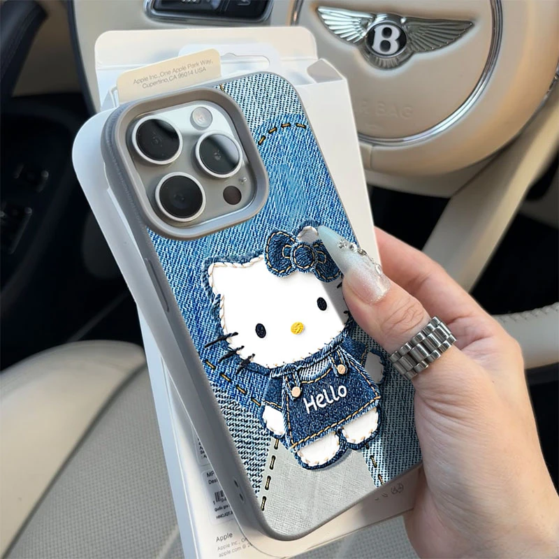 复古牛仔KT猫适用苹果16/17手机壳iPhone15promax14荔枝纹13/1211