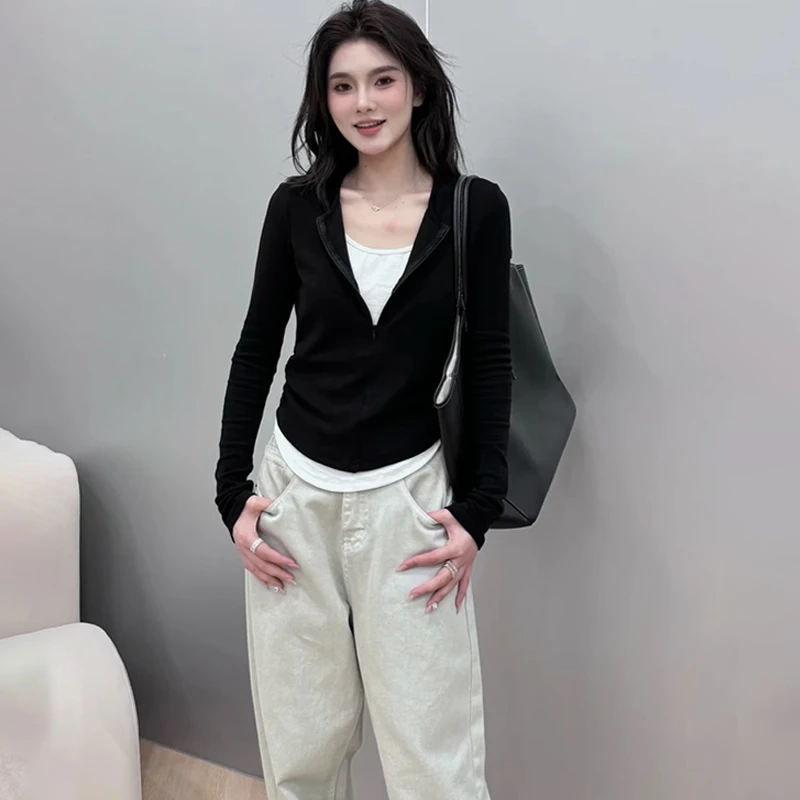 欧货时尚撞色拼接v领假两件T恤女2025早秋修身显瘦打底长袖上衣潮