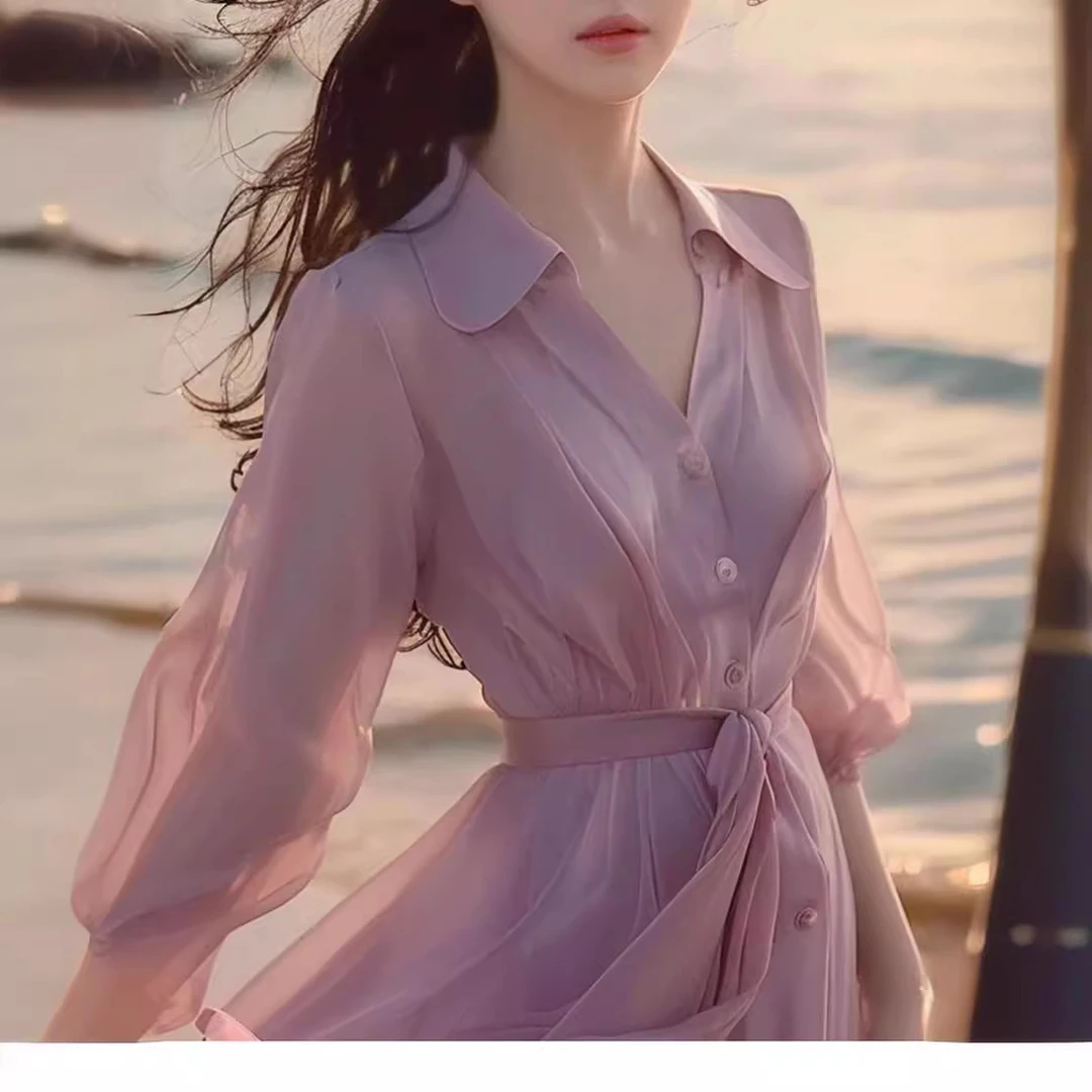 FL紫色衬衫连衣裙女夏季新款海边度假风气质名媛温柔雪纺裙韩版