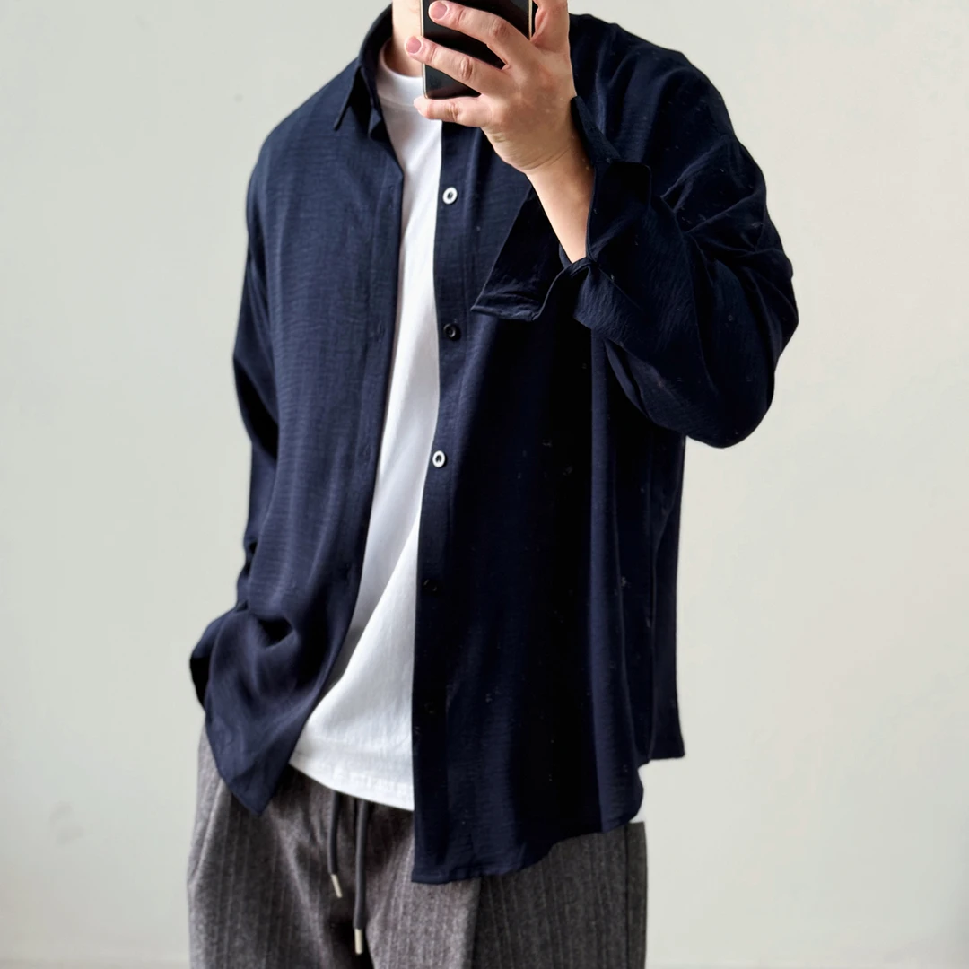 陆星家【蔚蓝】秋季男士新款长袖纯色衬衫休闲宽松绅士百搭衬衣C226