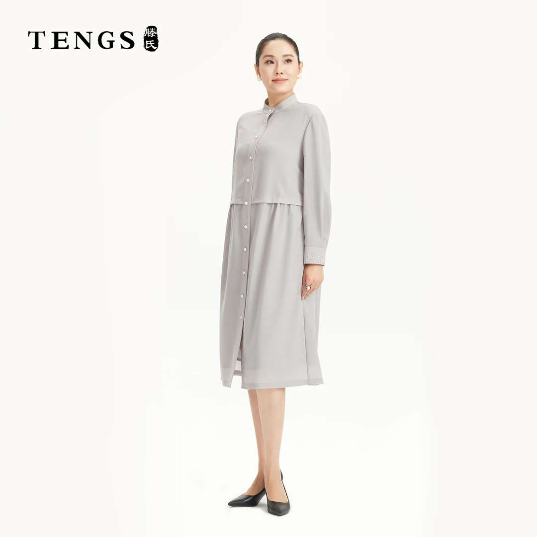 TENGS滕氏女装春夏新款气质灰色通勤立领显瘦九分袖连衣裙