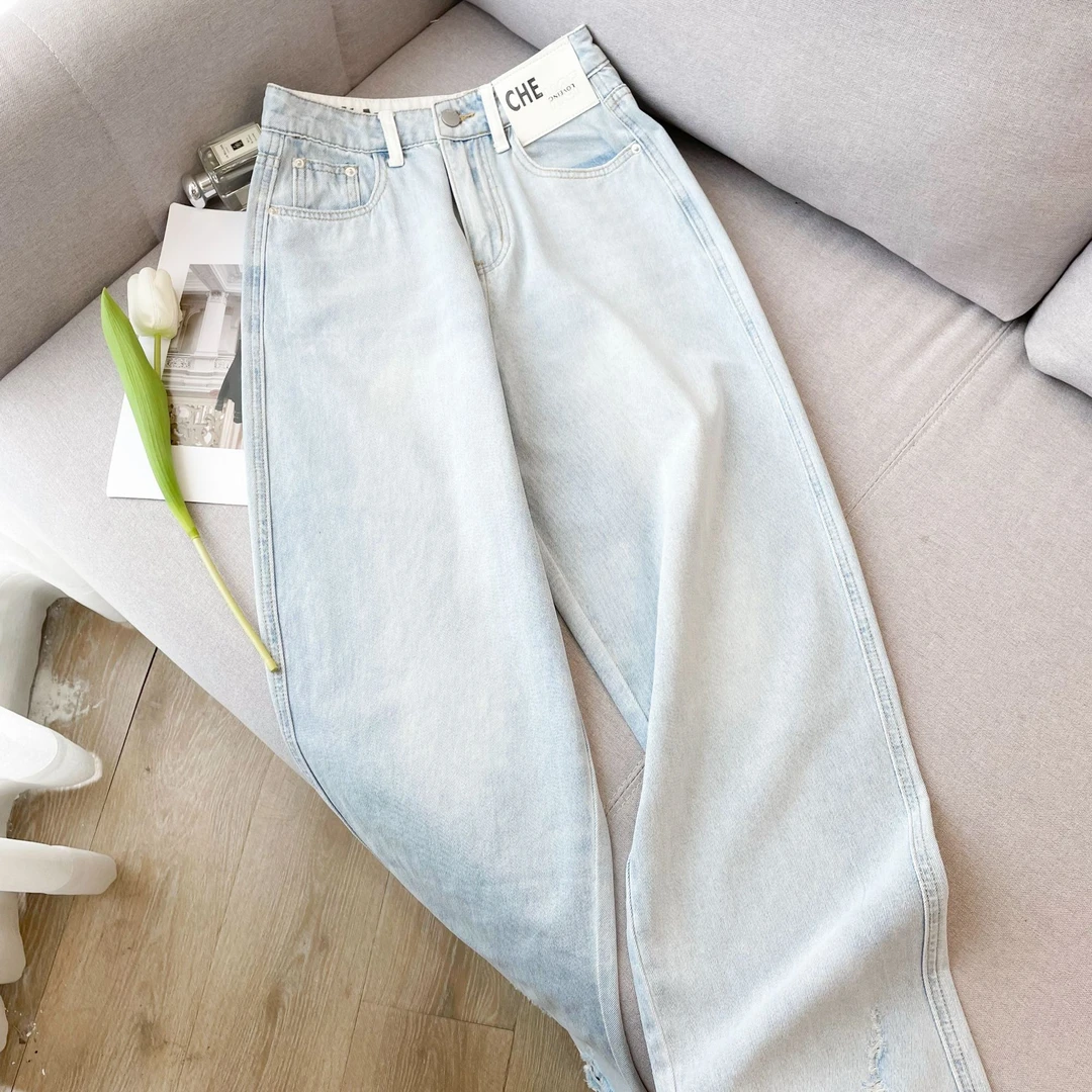 韩系复古浅蓝色高腰牛仔裤女夏新款宽松显瘦百搭薄款长裤春秋款