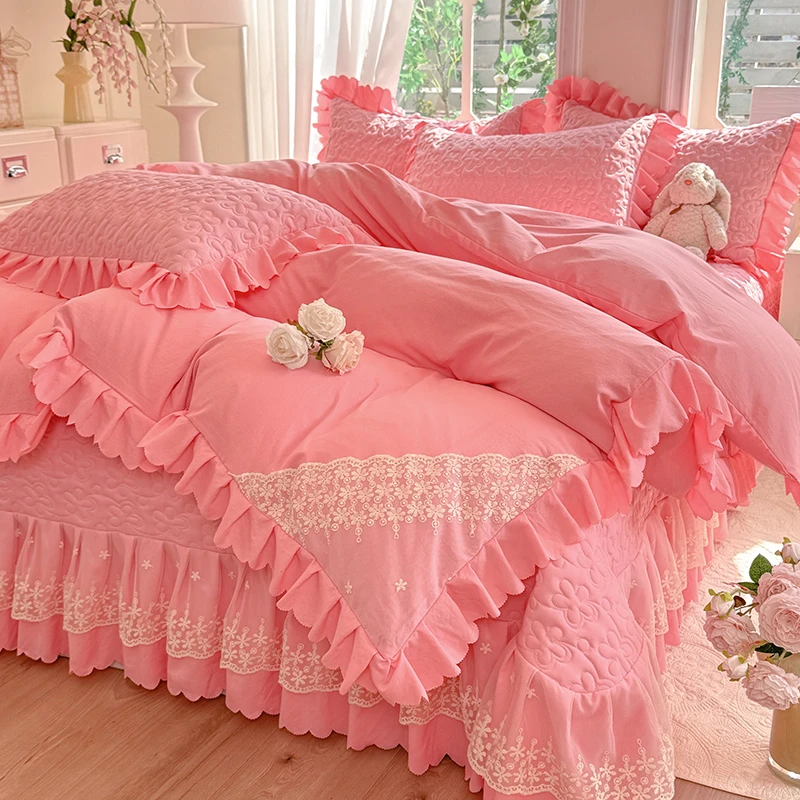 【床盖款】新款活性公主双层纱针织绗缝花边款床盖三件套单件四件套