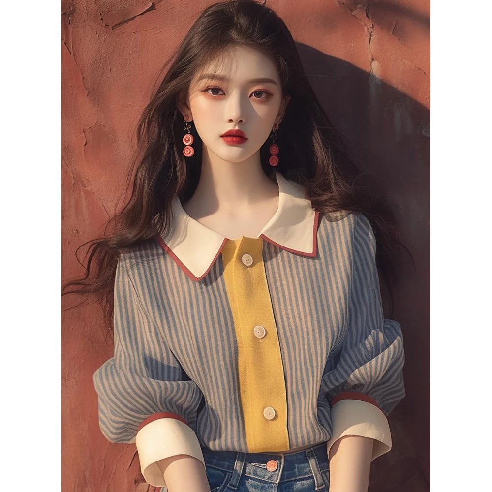 新款小众独特别致洋气宽松显瘦韩系减龄漂亮拼接条纹衬衫