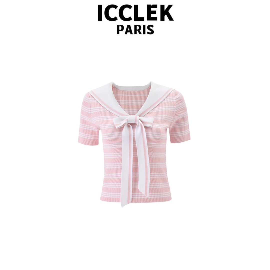 ICCLKE 粉色领结开襟短袖针织衫 百搭 时尚 -5610