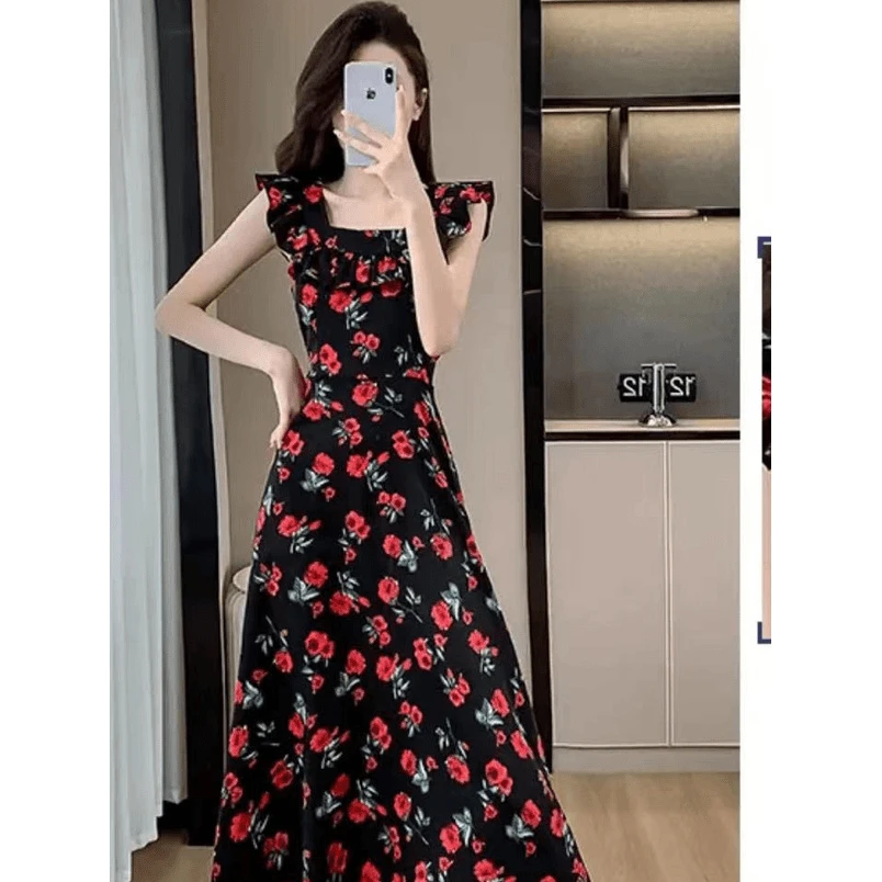 【8238人收藏】2024夏季新款法式收腰小飞袖长款V领衣裙前后两穿