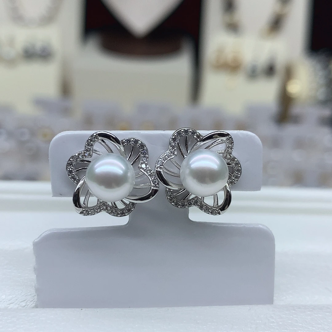 耳饰银S925镶嵌海水珍珠7-7.5mm海水珍珠耳钉