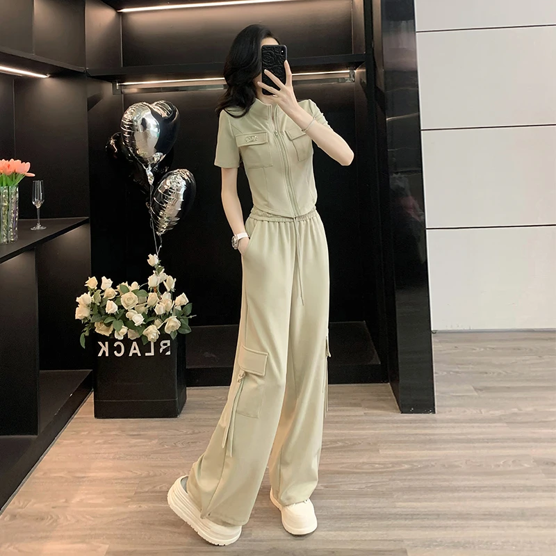 休闲风阔腿裤套装宽松显瘦气质T恤显白清新配色夏季出游两件套