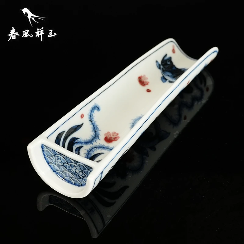 景德镇 春风祥玉  邹俊窑制八字款  青花釉里红 鱼藻纹 茶则