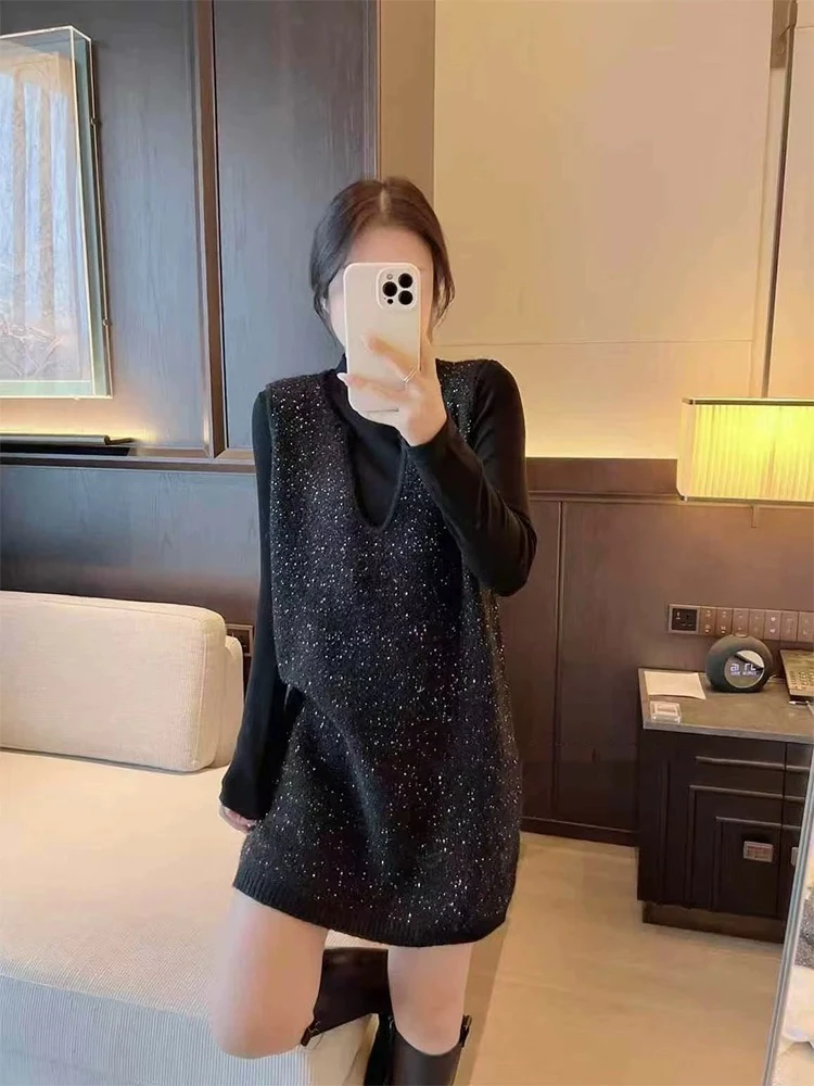 V领宽松亮片针织马甲裙中长款背心8725