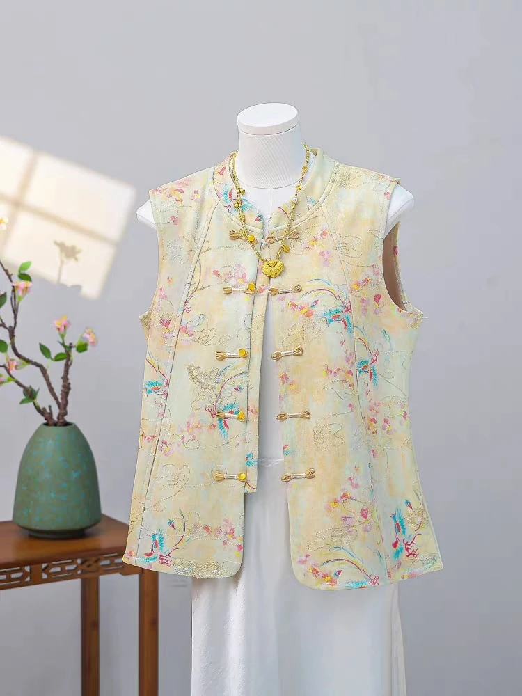 【主播优选】2025新款国风马夹女中式复古印花盘扣上立领马甲女坎肩