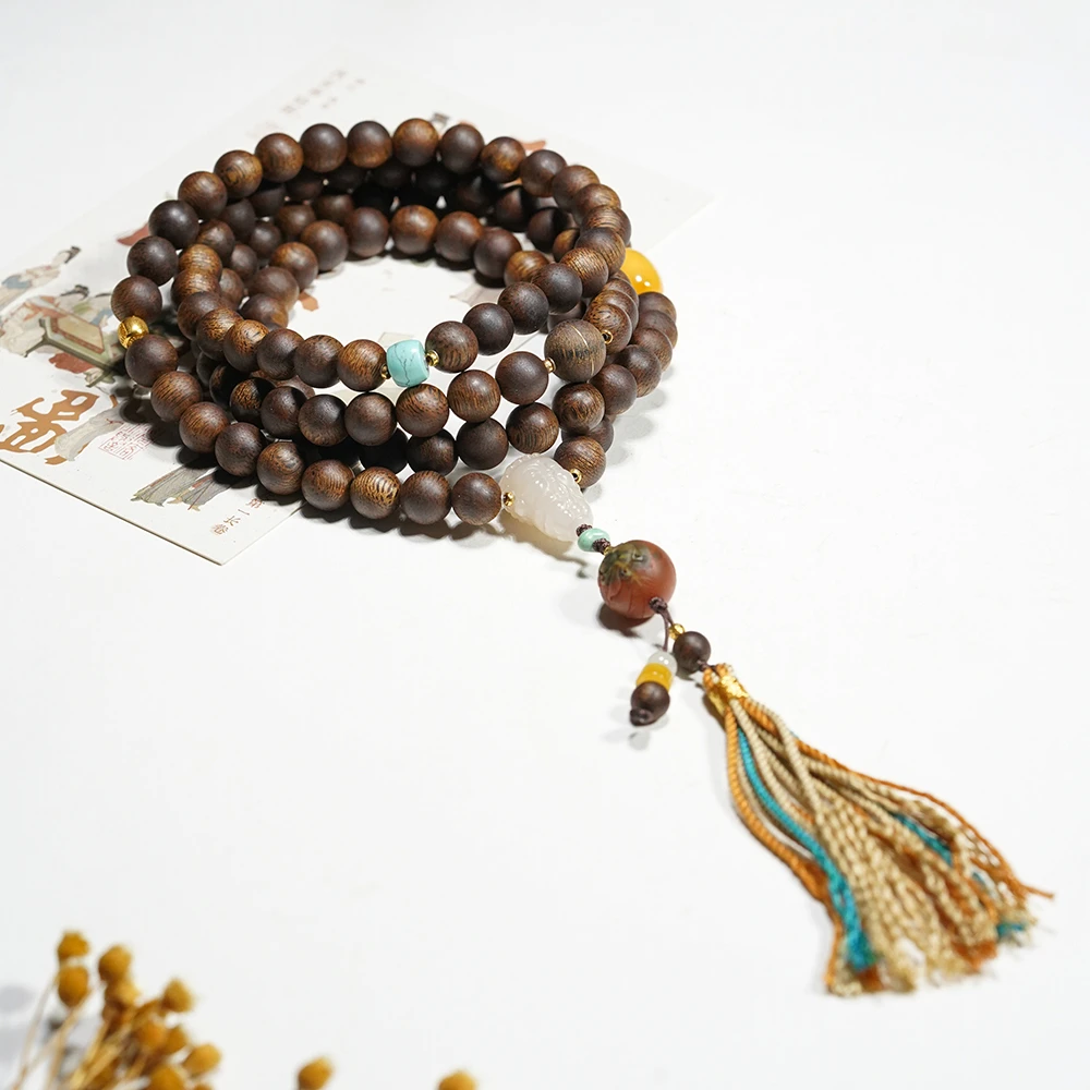 沉香【18K】（大幂幂同款）文莱沉水沉香三通藕粉佛佛8MM多圈手串木质