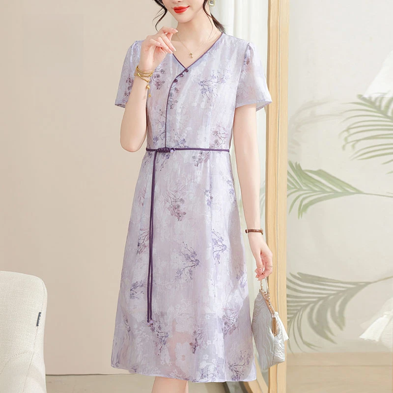 夏季妈妈装夏装中长款连衣裙中老年母亲节阔太太新中式气质雪纺裙