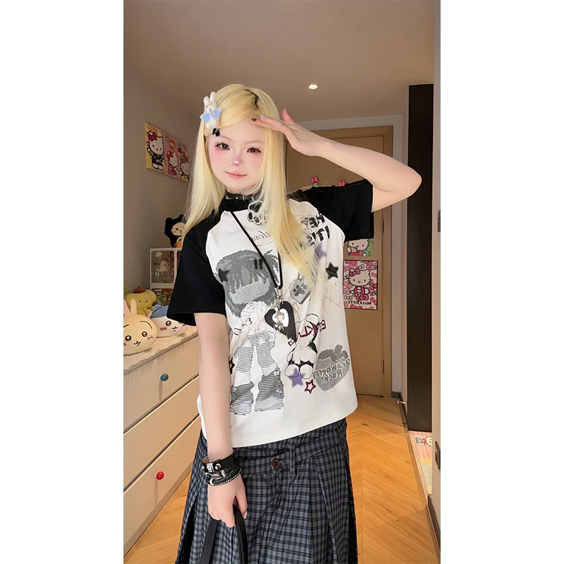 凛可爱 夏季卡通动漫印花圆领短袖女小众可爱二次元插肩袖T恤