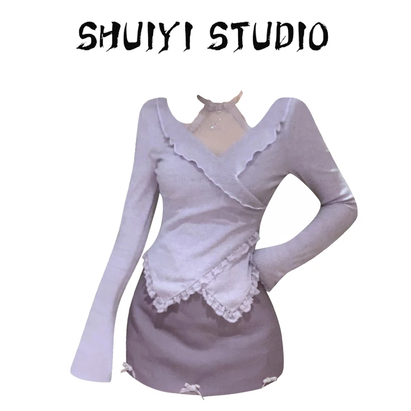 纯欲辣妹风木耳边设计感紫色交叉上衣女春季新款气质