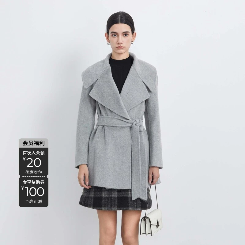 S·DEER圣迪奥秋冬季女装轻奢设计师高端气质时尚灰色毛呢大衣外套