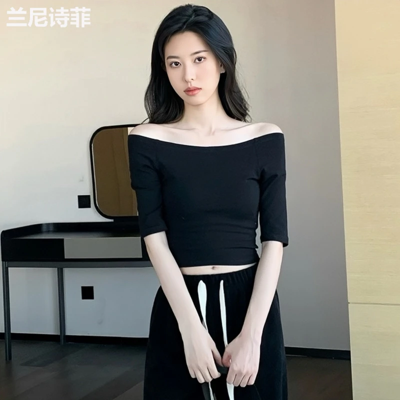 兰尼诗菲黑色五分袖锁骨露肩t恤女春夏季短款高腰露肚脐一字领上