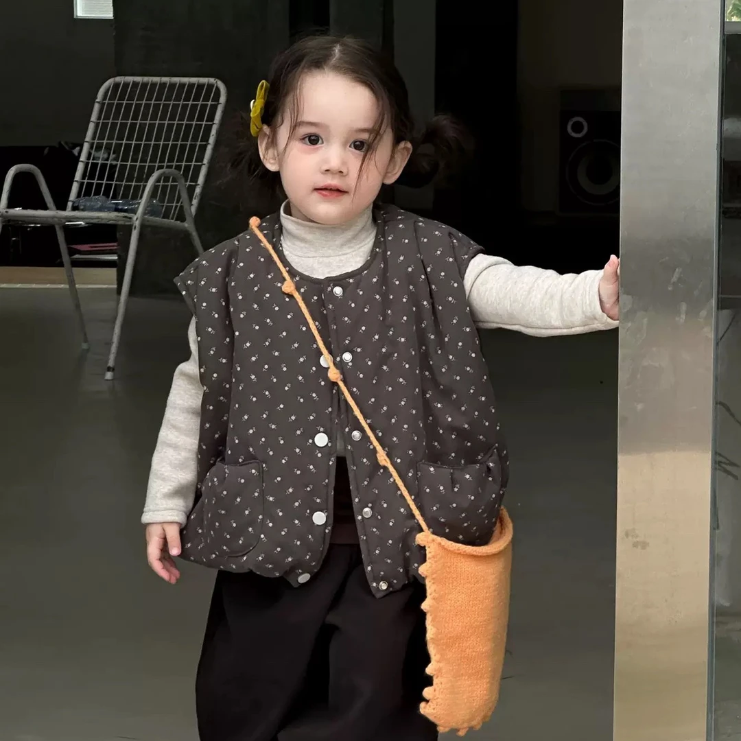 女童韩国洋气加棉马甲冬季女宝森系加厚可爱碎花儿童宽松无袖坎肩