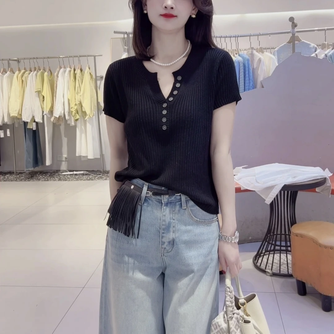 【晚风】春夏显瘦v领洋气纯色时尚百搭修身短袖弹力针织衫