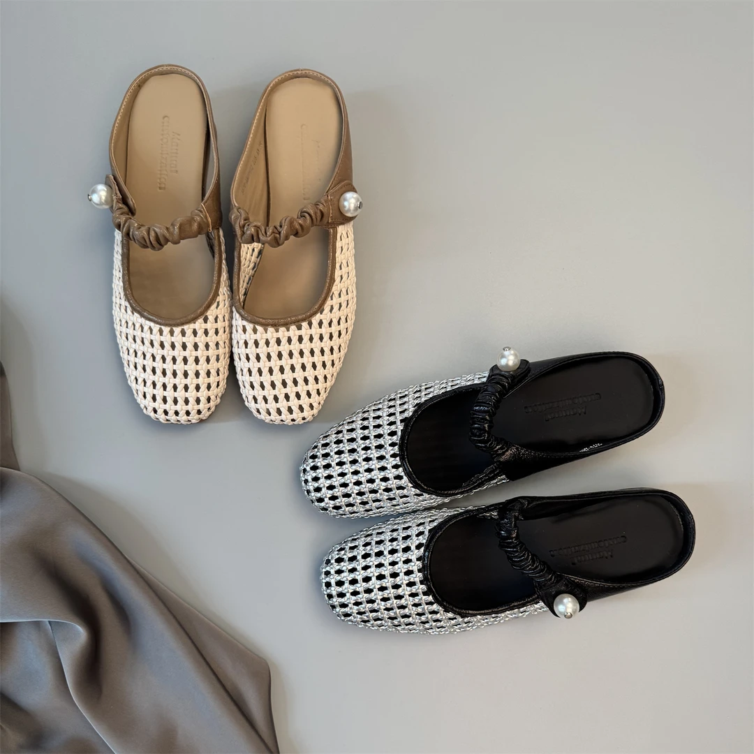 诗博尼【3cm】34-39全羊皮夏季新款编织百搭简约通勤穆勒鞋半拖鞋女