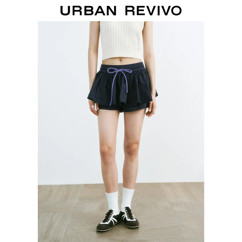 UR2025秋季新款女装休闲假两件层次感抽绳短裤UYU650031