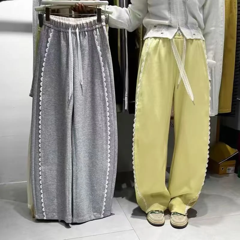蕾丝边拼接直筒休闲裤弯刀裤卫裤女2025春装新时尚百搭阔腿长裤子