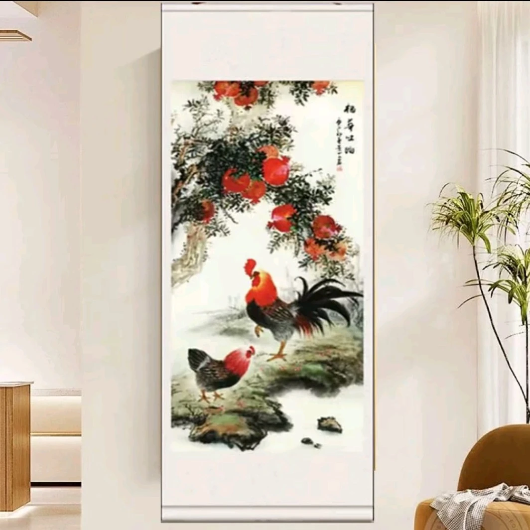 四尺《石榴公鸡》竖幅-玄关书房茶室花鸟挂画