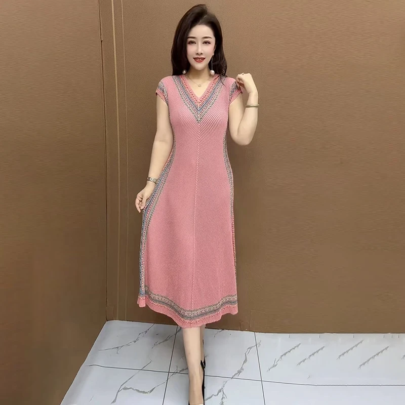 夏季新款复古撞色褶皱连衣裙女V领时尚优雅气质显瘦大码妈妈长裙