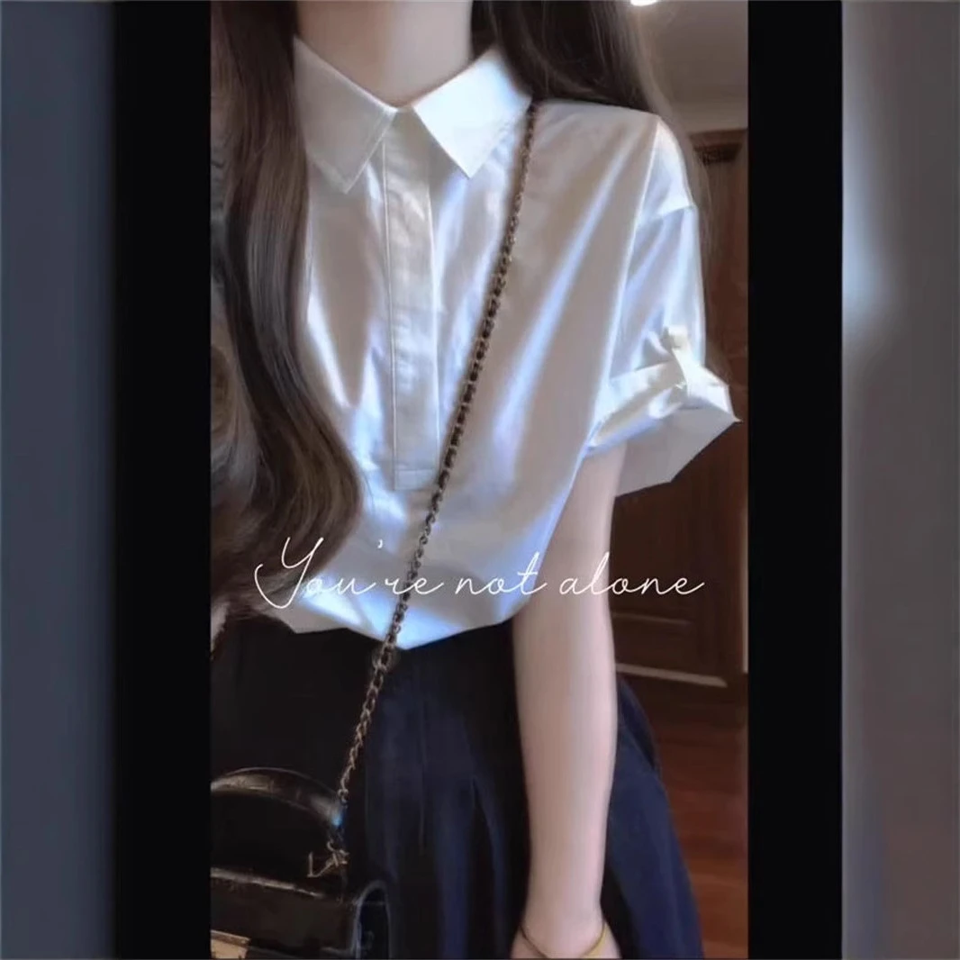 韩式学院风复古气质高腰显瘦半身裙女学生搭配白色短袖衬衫两件套