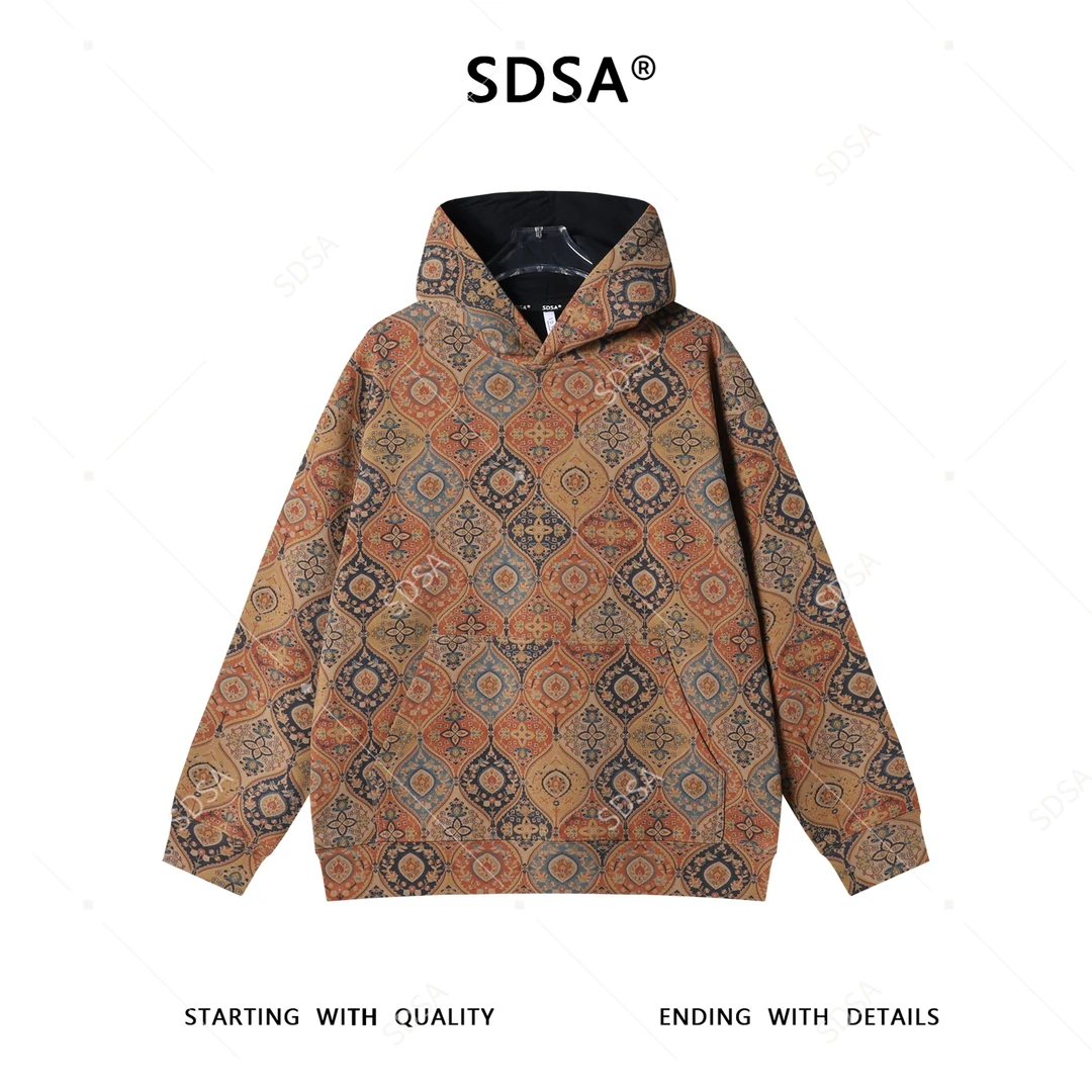 SDSA男士秋冬新款痞帅男装简约撞色抽象花卉连帽卫衣时尚套头上衣