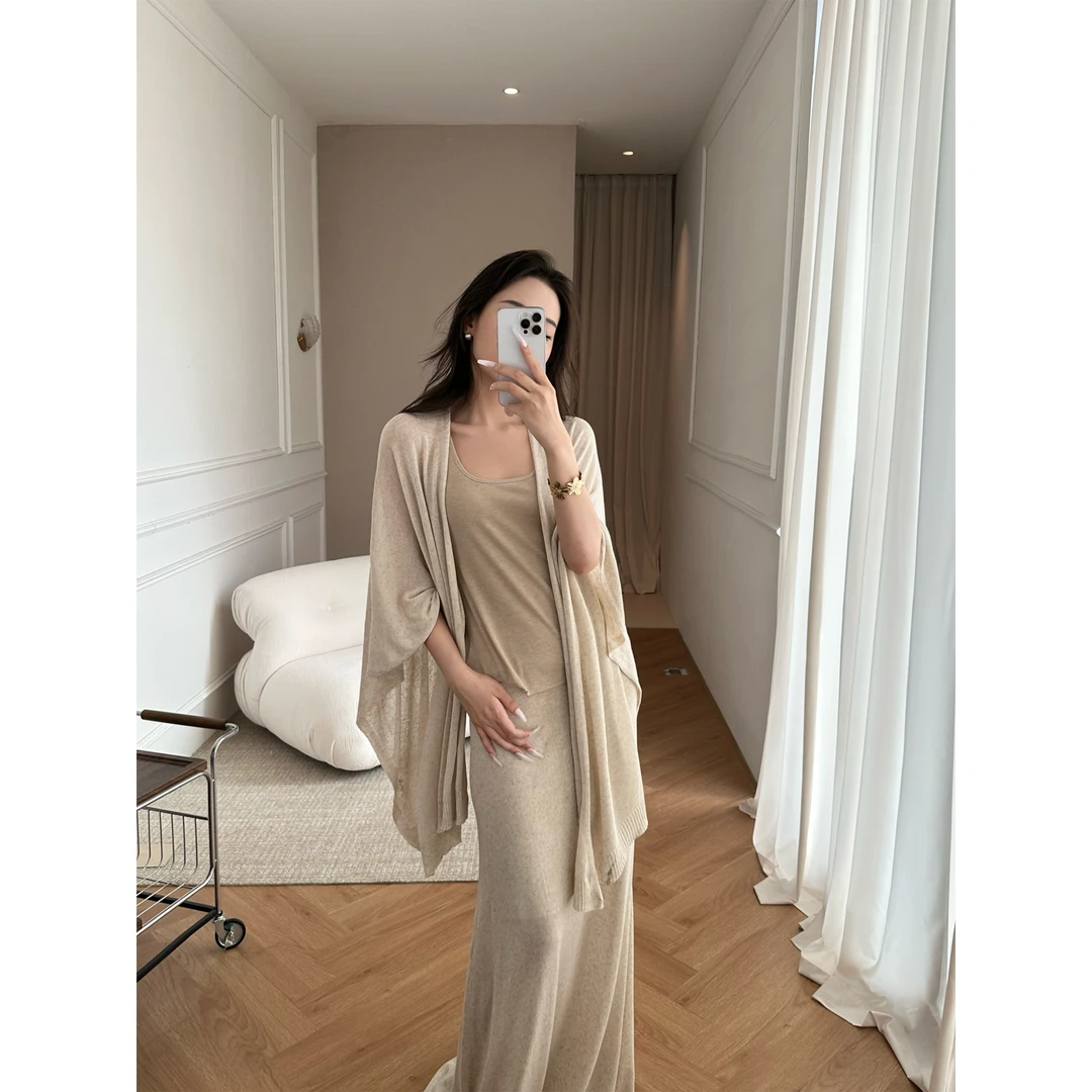 5werkwen 清透矜贵套组 天丝亚麻披肩/半裙套装时尚高级感两件套