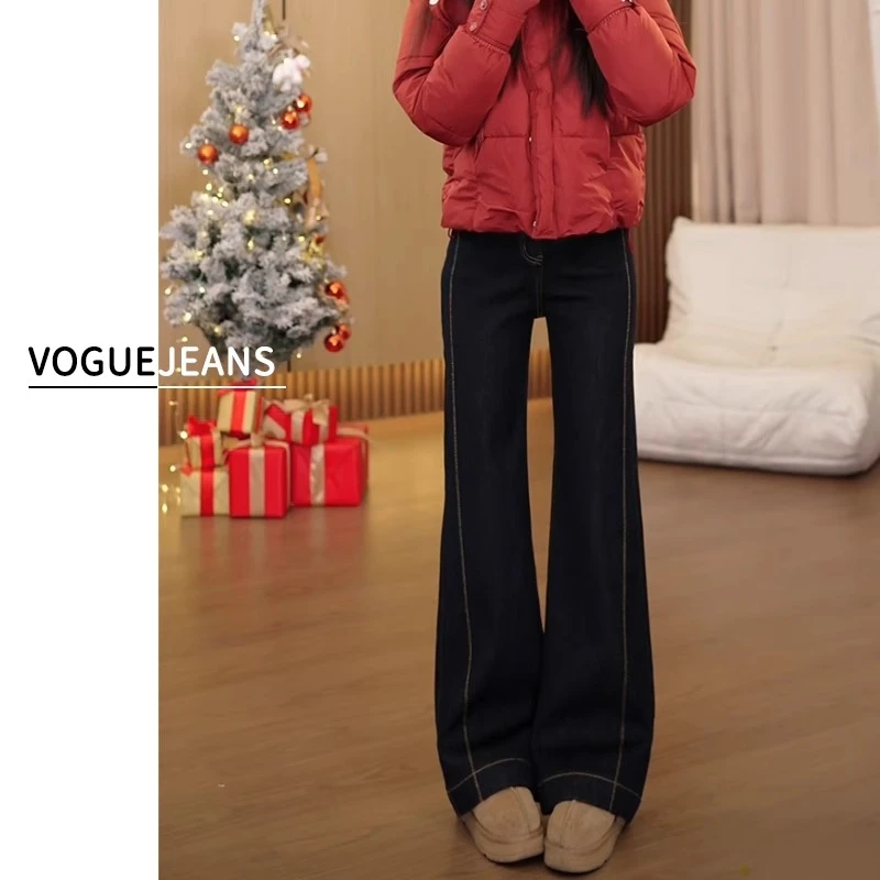 丹宁蓝直筒牛仔裤女春秋高腰显瘦2025梨型身材弹力窄版阔腿微喇裤