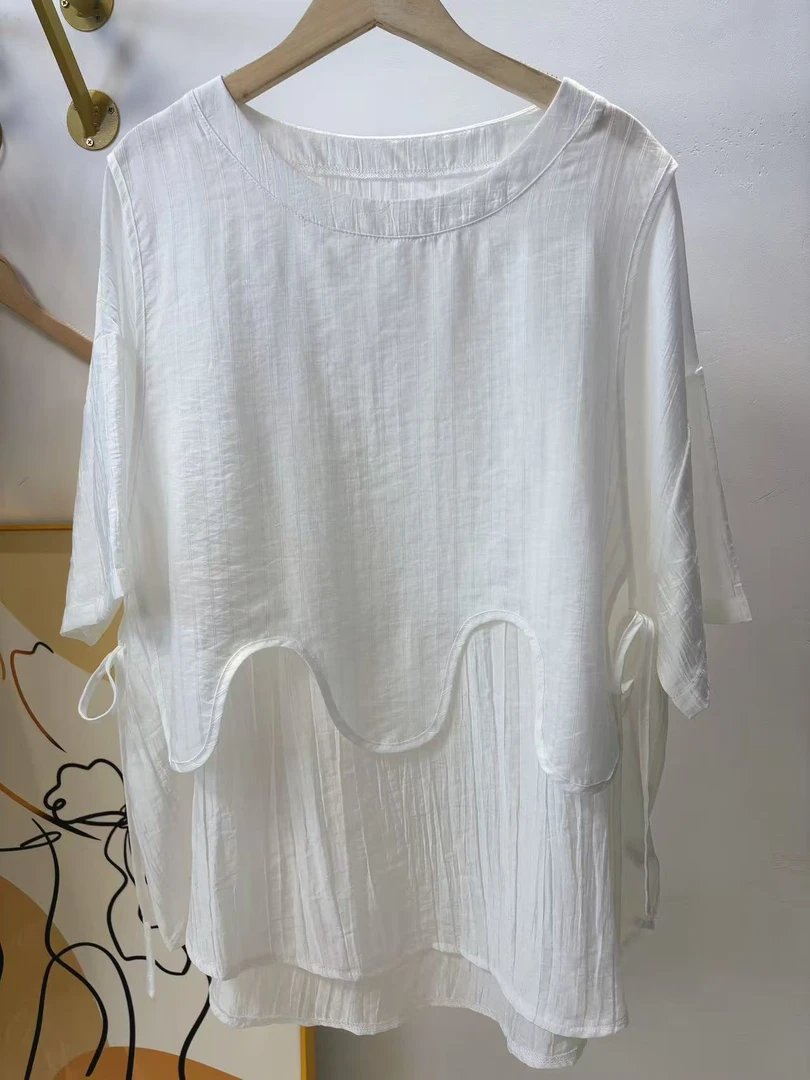 2025年夏季新款大码女装圆领条纹不规则马甲短袖假两件衬衫女上衣