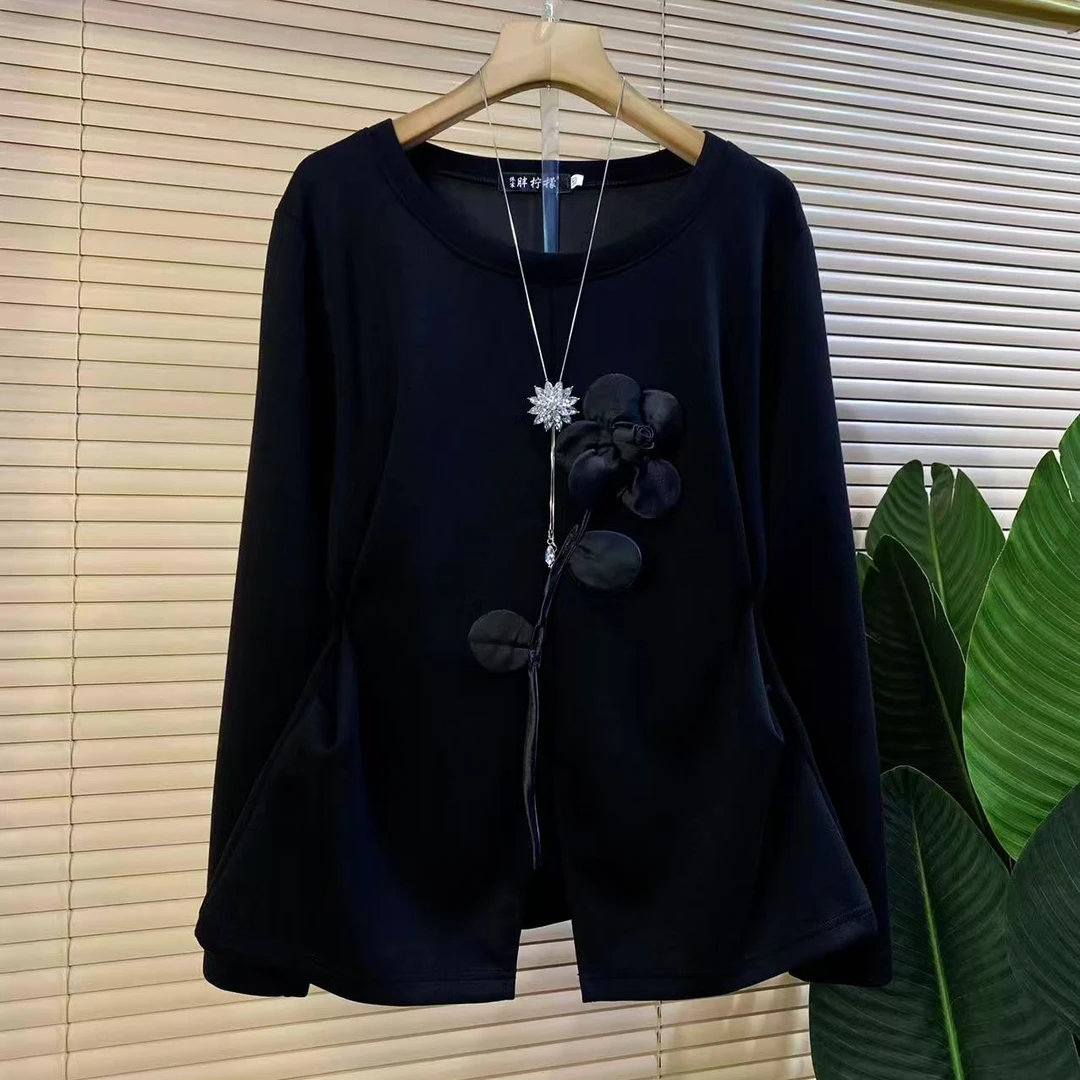 P胖mm欧货时尚新款早秋圆领一枝花设计款显瘦女人衫
