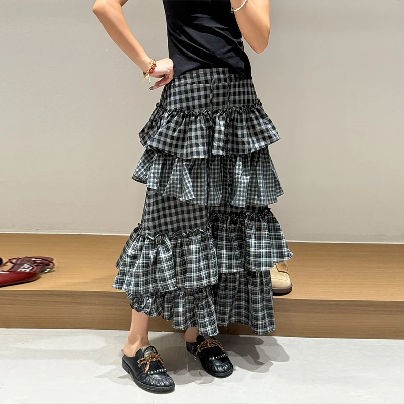 【现货】YANAG格子间奏曲黑白蛋糕裙褶皱优雅气质长款半裙