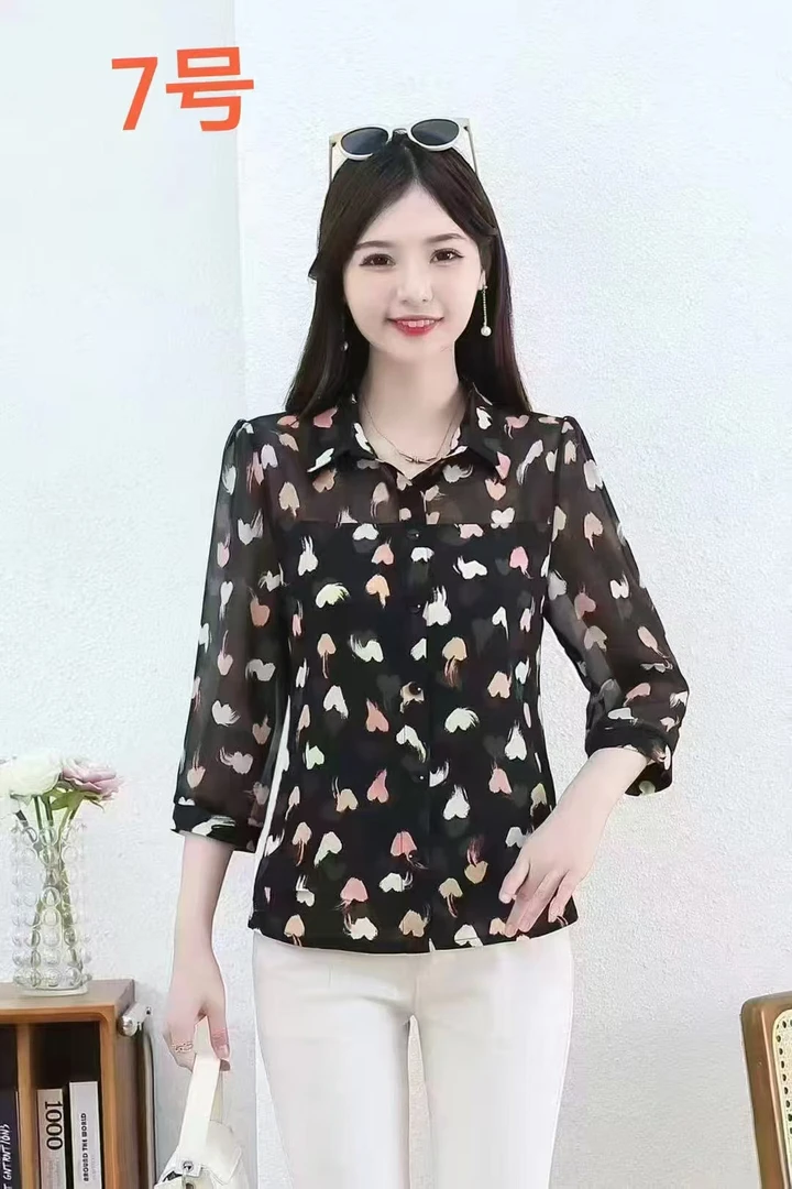 印花法式套头春夏风田园风衬衫女士七分袖上衣中袖打底气质显瘦